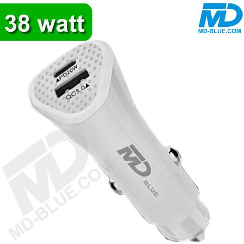 Mdblue - Duo Autolader 38 Watt - 1x USB-A en 1x USB-C aansluiting - Wit
