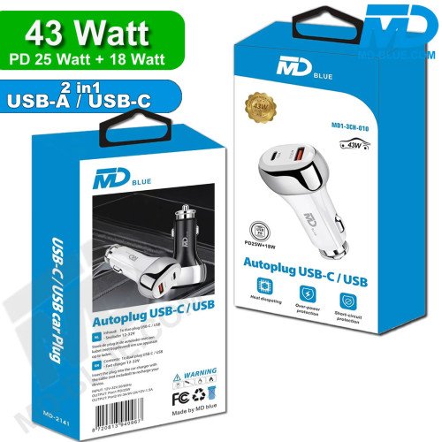 MDBlue - Auto oplader - 1 x USB A - 1 x USB-C Connection - Snellader - 43 Watt - Wit