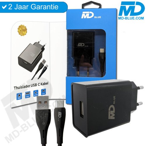 MDblue USB-A Oplader 2.0A met USB C kabel 1 meter - Zwart