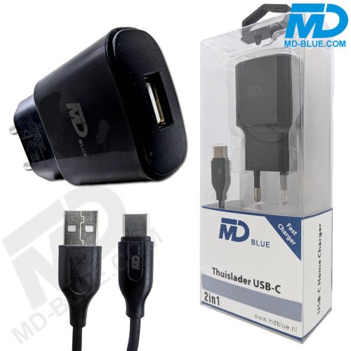MDBlue - Oplader 2.1 Amp - 1x USB-A - met 1 mtr USB-A > USB-C Kabel   - Zwart
