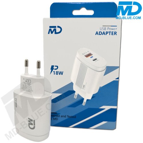 MDBlue - Oplader - 1x USB-A - 1x USB-C - 18 Watt - Wit
