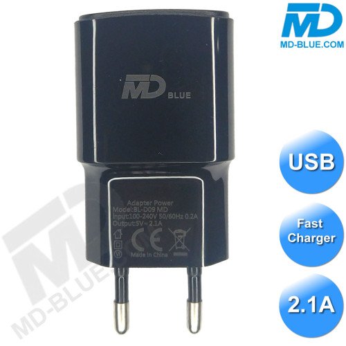 MDBlue - Oplaad stekker - 1 x USB - Oplader - Snellader - 2.1A - Zwart