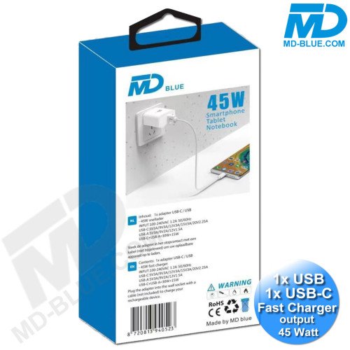 MDblue - Oplader - 1 x USB-C - 1 x USB-A - Snellader - 45 Watt - Wit