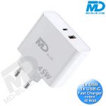 MDblue - Oplader - 1 x USB-C - 1 x USB-A - Snellader - 45 Watt - Wit