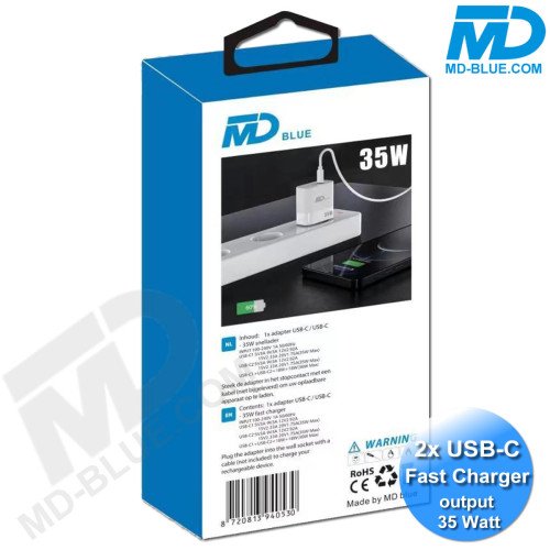MDblue oplaadstekker - Oplader - Adapter - 2 x USB-C - 35 Watt - Wit