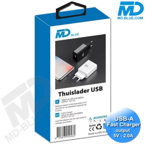 MDblue - Oplaad stekker - 1 x USB - Oplader - Snellader - 2.0A - Wit