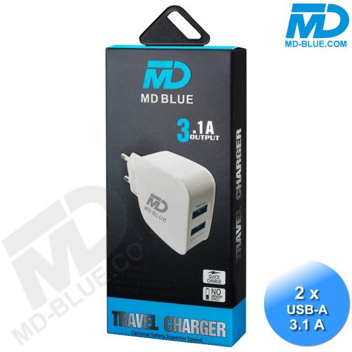 MDBlue - Oplaad stekker - 2 x USB A - Oplader - Snellader - 3.1A - Wit