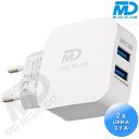 MDBlue - Oplaad stekker - 2 x USB A - Oplader - Snellader - 3.1A - Wit