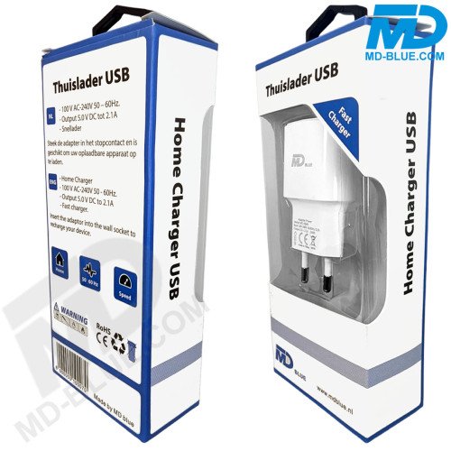 MDBlue - Oplaad stekker - 1 x USB-A - Oplader - Snellader - 2.1A - Wit