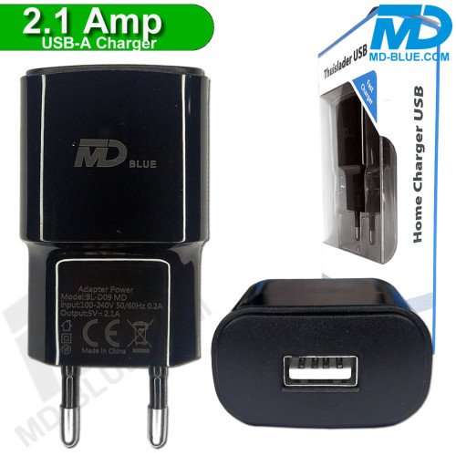 MDBlue - Oplaad stekker - 1 x USB - Oplader - Snellader - 2.1A - Zwart