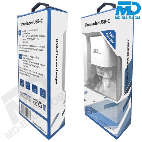 MDBlue - Thuislader - 1 x USB-C - Oplader - Snellader - 3.0A - Wit