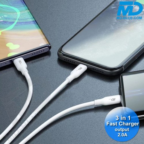 MDblue - 3 in 1 Oplaadkabel - USB-A > Micro USB, 8 Pin Lightning, USB-C - 2.0 Amp -Wit