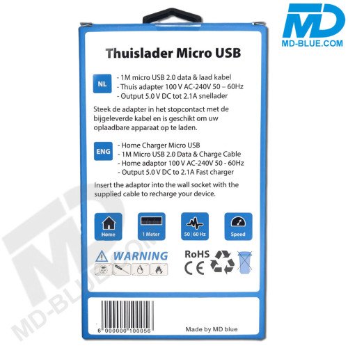 MDBlue - Oplader en Laadkabel - 1 meter - USB A to Micro USB - Set