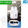 MDblue - Oplaadset - 18 Watt Oplader USB-A / USBC - Oplaadkabel USB-C > 8 Pin 1mtr