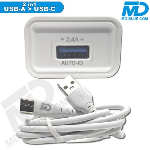 MDblue - Oplaadset - Oplader USB-A - Oplaadkabel USB-A > USB-C 1mtr
