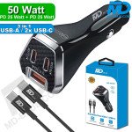 MDBlue - Auto oplader - 2 x USB C - 1 x USB-A  - Snellader - 50 Watt - incl-1 mtr kabel - Zwart