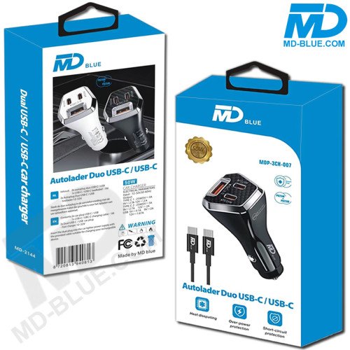 MDBlue - Auto oplader - 2 x USB C - 1 x USB-A  - Snellader - 50 Watt - incl-1 mtr kabel - Zwart