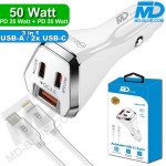 MDBlue - Auto oplader - 2 x USB C - 1 x USB-A  - Snellader - 50 Watt - incl. 1 mtr kabel USB-C naar Lighting - Wit