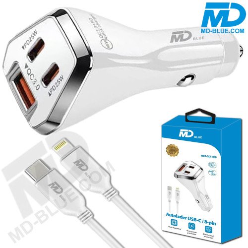 MDBlue - Auto oplader - 2 x USB C - 1 x USB-A  - Snellader - 50 Watt - incl. 1 mtr kabel USB-C naar Lighting - Wit