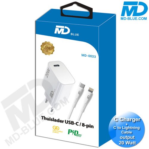 MDblue - Oplaadset geschikt voor iPhone  -inclusief oplaadkabel - 20 Watt -1 mtr - wit 