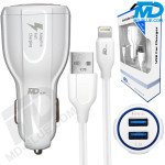 MDBlue - Auto oplader Set - Snellader met 2 x USB A-plus 1 mtr oplaadkabel USB > Lightning - Wit