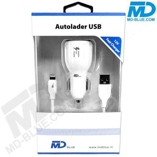 MDBlue - Auto oplader Set - Snellader met 2 x USB A-plus 1 mtr oplaadkabel USB > Lightning - Wit