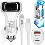 MDBlue - Auto oplader Set - 1 x USB-A - 1 x USB-C - Snellader - Wit - 1 mtr oplaadkabel voor iPhone
