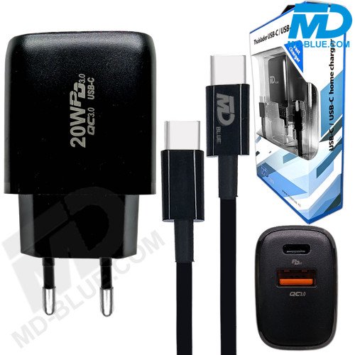 MDBlue - Duo Oplader 20 Watt (USB-C / USB-A) en Laadkabel - 1 meter - USB-C naar USB-C - Set