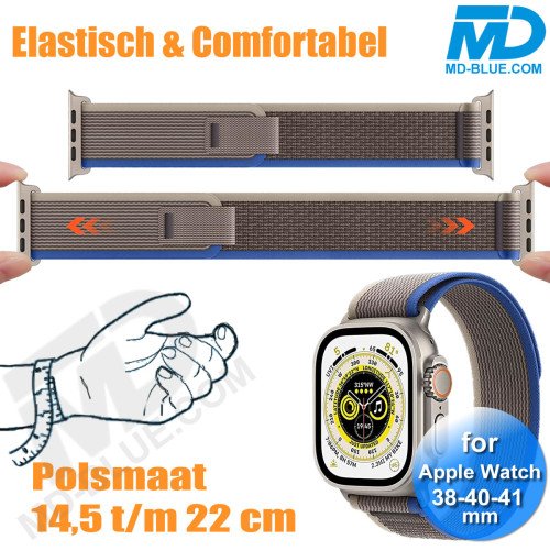 Bandje voor Apple Watch 38/40/41 mm -  Klittenbandsluiting - Grijs Blauw