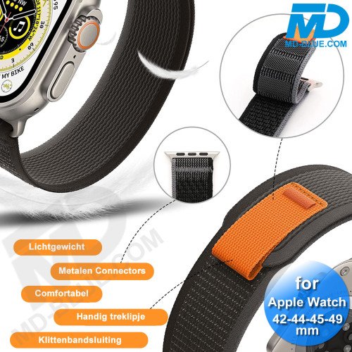 Bandje voor Apple Watch 42/44/45/49 mm -  Klittenbandsluiting - Zwart Grijs