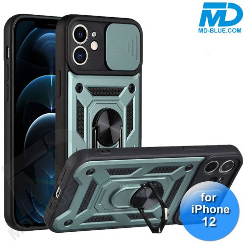 iPhone 12 Telefoonhoesje - Armor Case - Lens Protector - Met Ring - Groen