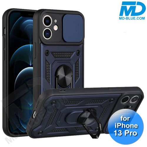 iPhone 13 Pro Telefoonhoesje - Armor Case - Lens Protector - Met Ring - Donker Blauw