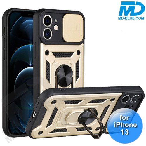 iPhone 13 Telefoonhoesje - Armor Case - Lens Protector - Met Ring - Goud