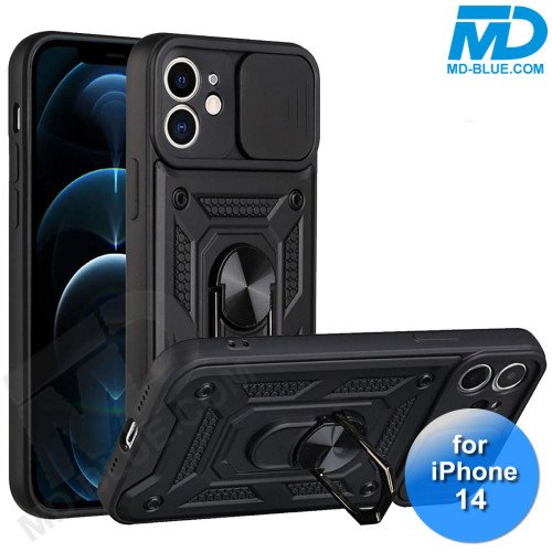 iPhone 14 Telefoonhoesje - Armor Case - Lens Protector - Met Ring - Zwart