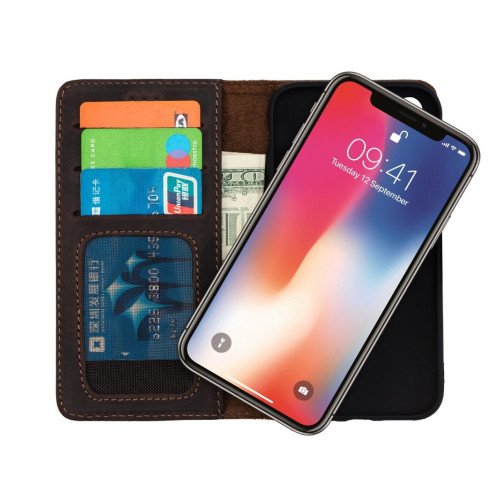 iPhone 11 Pro Max telefoonhoesje - Echt Leer - Book Case - Hoesje met Kaarthouder - Donkerbruin