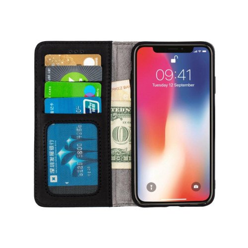 iPhone 11 telefoonhoesje - Echt Leer - Book Case - Hoesje met Kaarthouder - Zwart