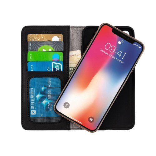 iPhone 12 Pro Max telefoonhoesje - Echt Leer - Book Case - Hoesje met Kaarthouder - Zwart