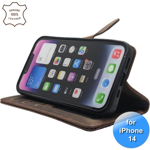 iPhone 13/14 telefoonhoesje - Echt Leer - Book Case - Hoesje met Kaarthouder - Donker Bruin