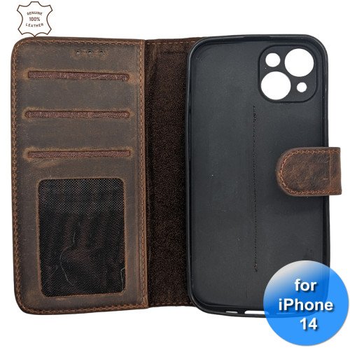 iPhone 13/14 telefoonhoesje - Echt Leer - Book Case - Hoesje met Kaarthouder - Donker Bruin
