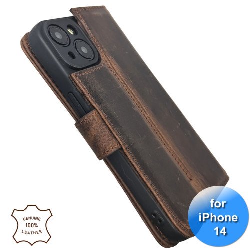 iPhone 13/14 telefoonhoesje - Echt Leer - Book Case - Hoesje met Kaarthouder - Donker Bruin