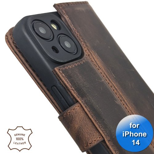iPhone 13/14 telefoonhoesje - Echt Leer - Book Case - Hoesje met Kaarthouder - Donker Bruin