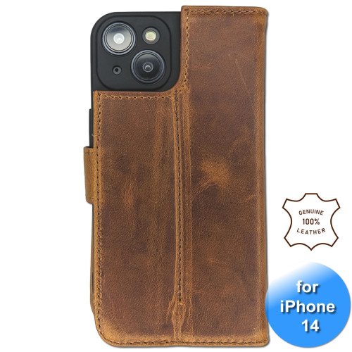 iPhone 13/14 telefoonhoesje - Echt Leer - Book Case - Hoesje met Kaarthouder - Licht Bruin