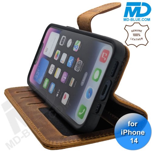 iPhone 13/14 telefoonhoesje - Echt Leer - Book Case - Hoesje met Kaarthouder - Licht Bruin