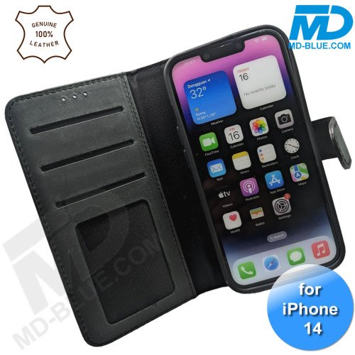 iPhone 13/14 telefoonhoesje - Echt Leer - Book Case - Hoesje met Kaarthouder - Zwart