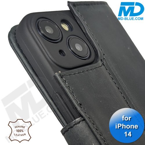 iPhone 13/14 telefoonhoesje - Echt Leer - Book Case - Hoesje met Kaarthouder - Zwart