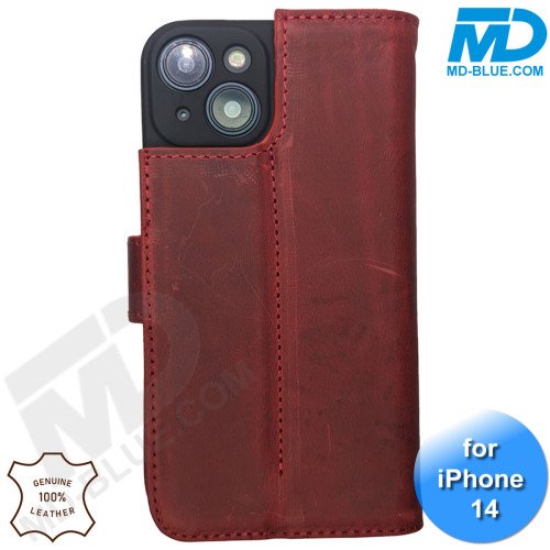 iPhone 13/14 telefoonhoesje - Echt Leer - Book Case - Hoesje met Kaarthouder - Rood