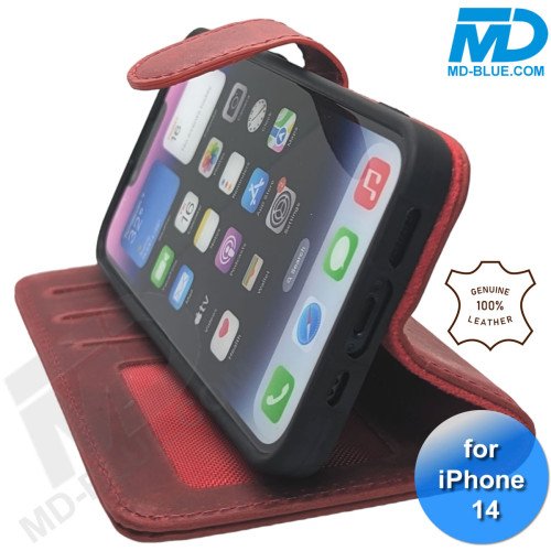 iPhone 13/14 telefoonhoesje - Echt Leer - Book Case - Hoesje met Kaarthouder - Rood