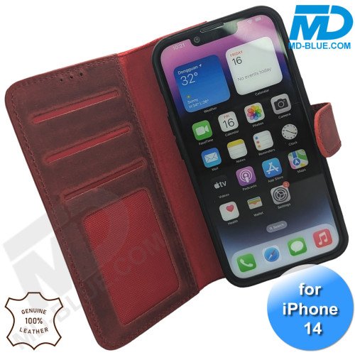 iPhone 13/14 telefoonhoesje - Echt Leer - Book Case - Hoesje met Kaarthouder - Rood