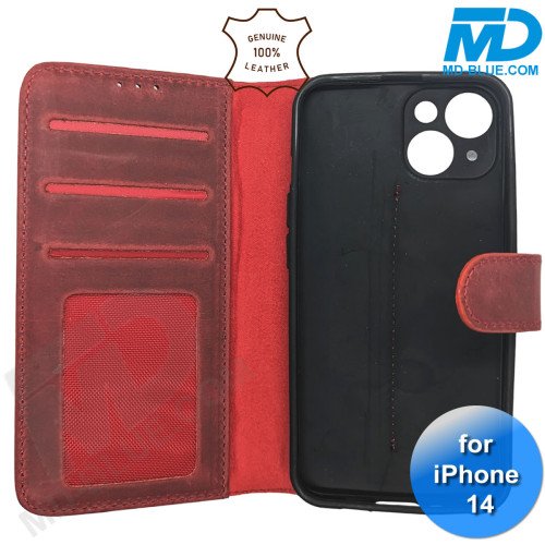 iPhone 13/14 telefoonhoesje - Echt Leer - Book Case - Hoesje met Kaarthouder - Rood
