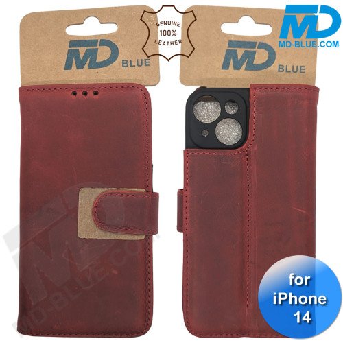 iPhone 13/14 telefoonhoesje - Echt Leer - Book Case - Hoesje met Kaarthouder - Rood